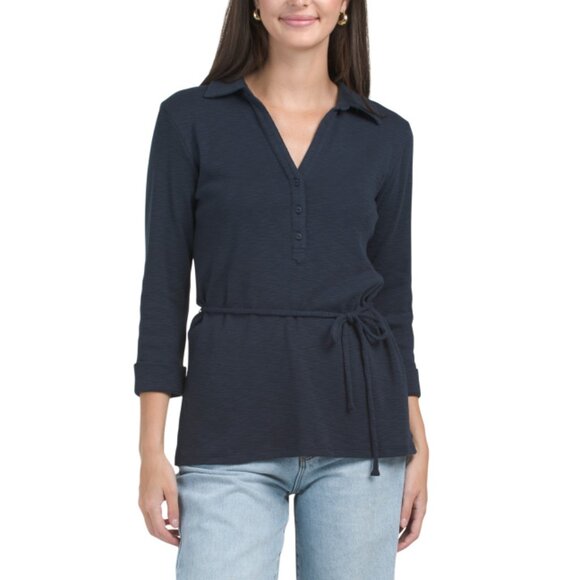 LILLA P Navy Three-quarter Sleeve Collared Top - Picture 1 of 2